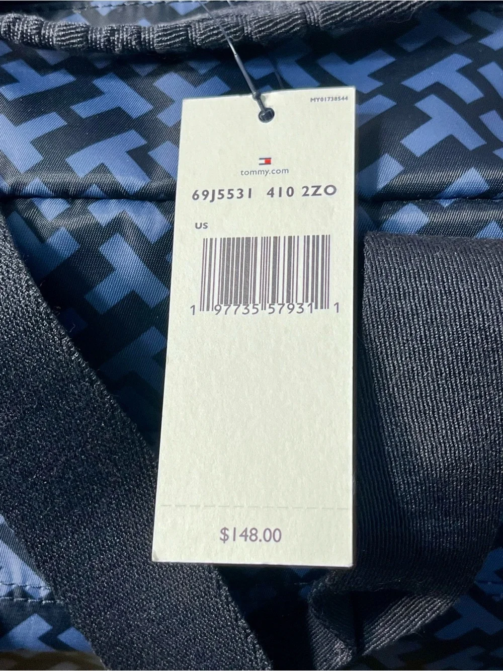 NWT Tommy Hilfiger Navy and Black Geometric Duffel Bag retail tag: $148