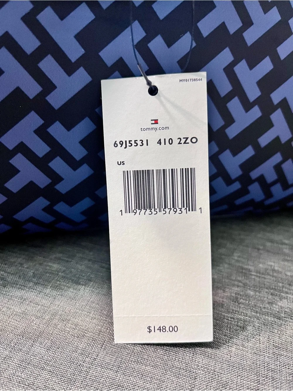 NWT Tommy Hilfiger Navy and Black Geometric Duffel Bag retail tag: $148
