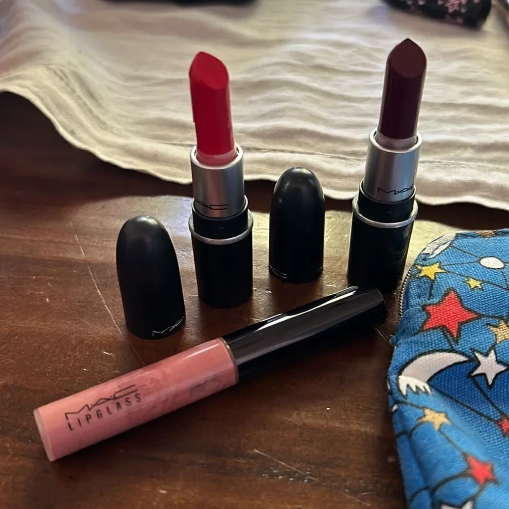 Mac 2 mini lipsticks and 1 lipglass l’Occitane new cosmetic bag