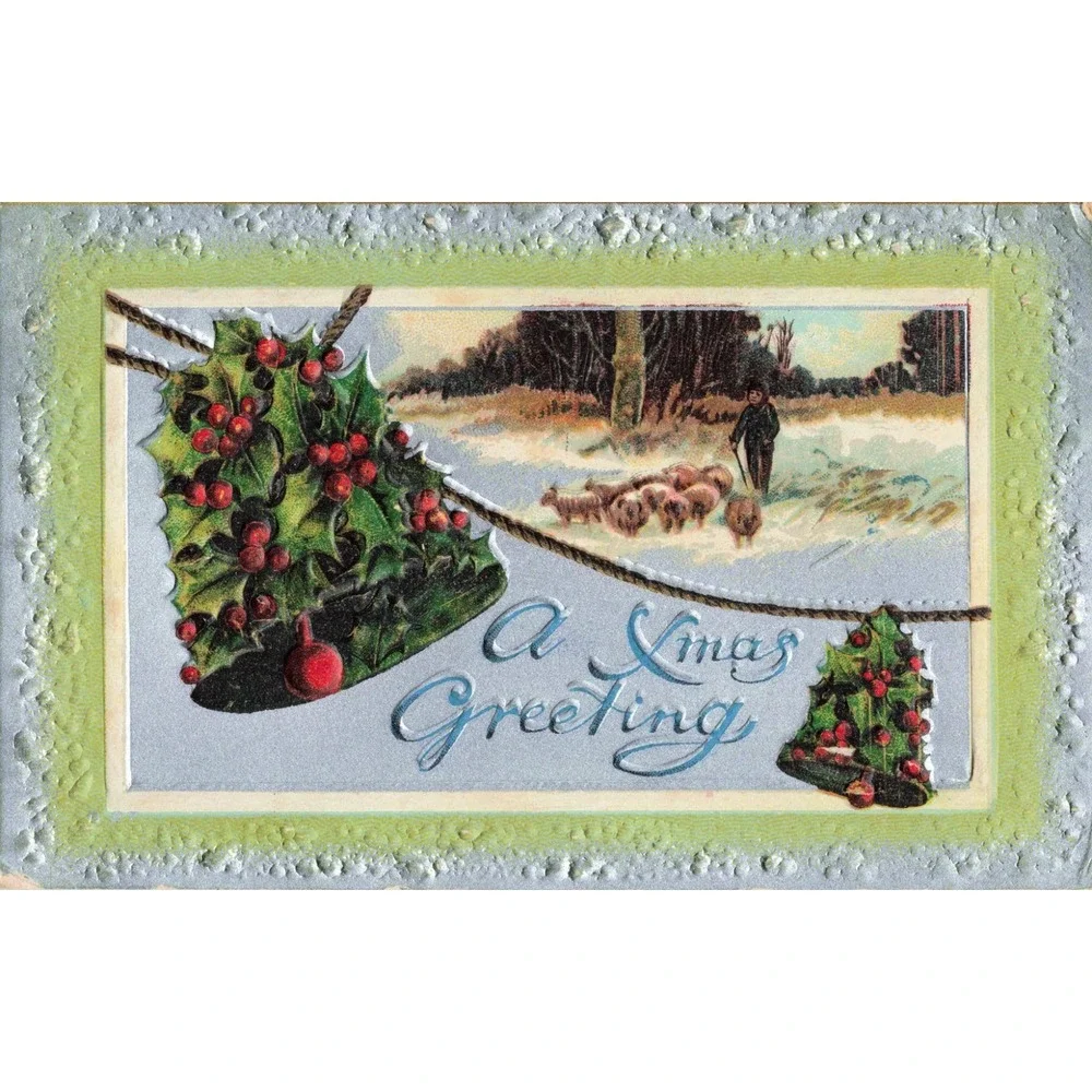 Vintage 1911 Christmas Postcard Shepherd Sheep Holly Bells Embossed VG