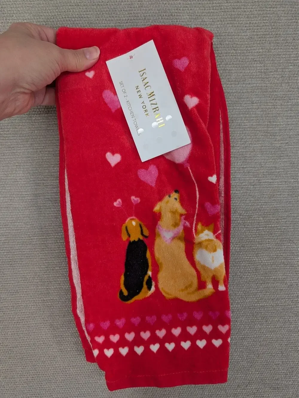 NEW Isaac Mizrahi New York 2 Pk Kitchen Towels Dog Heart Valentine's Day Love