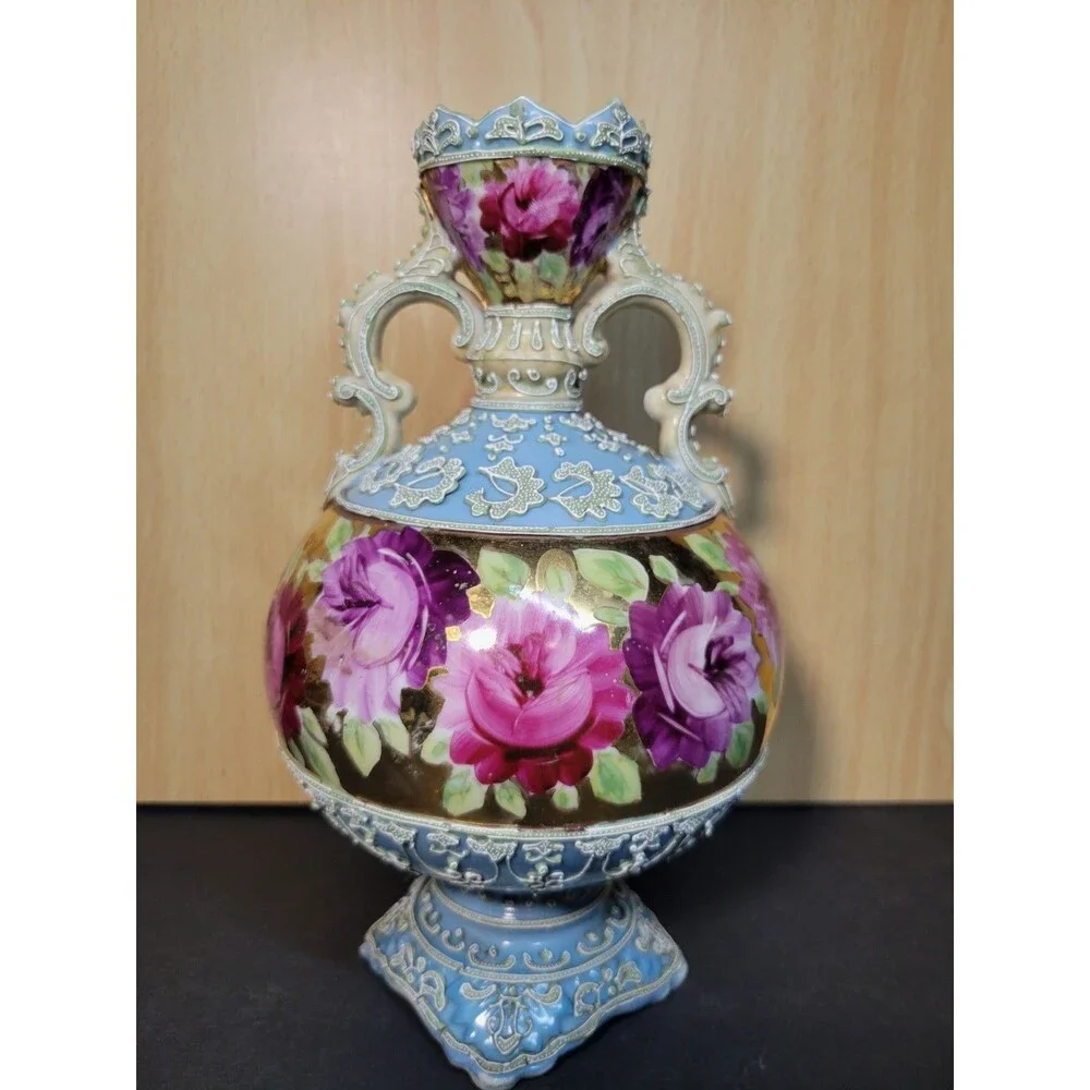 Antique Nippon Moriage Early Hand Painted Twisted Handle Floral Vase