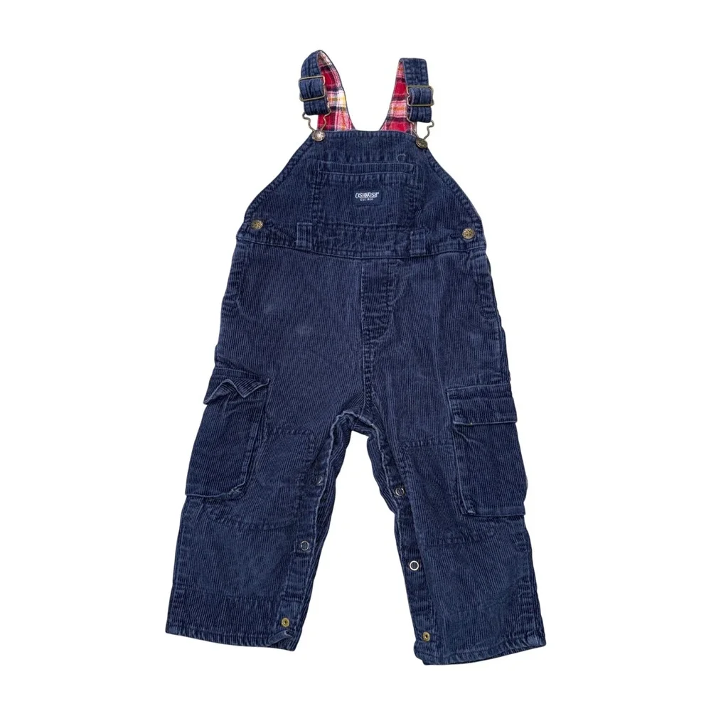 OshKosh Corduroy Overalls Kids 18M Navy Blue Excellent Plaid Lined Cargo Bibs
