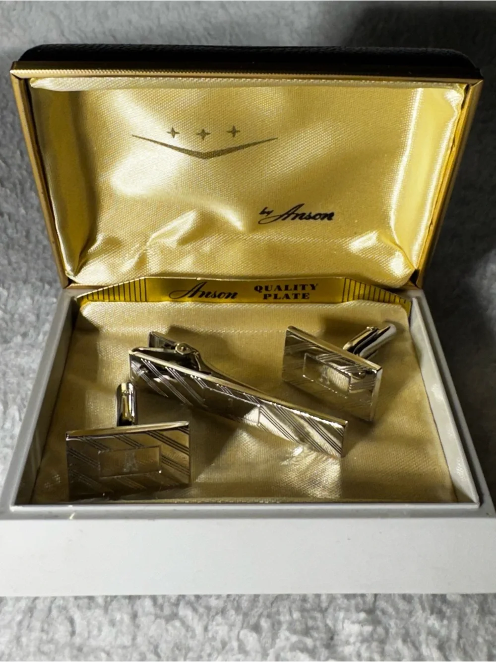 Vintage Anson Quality Plate Cufflinks Tie Bar Set Initial A Mammogram Boxed
