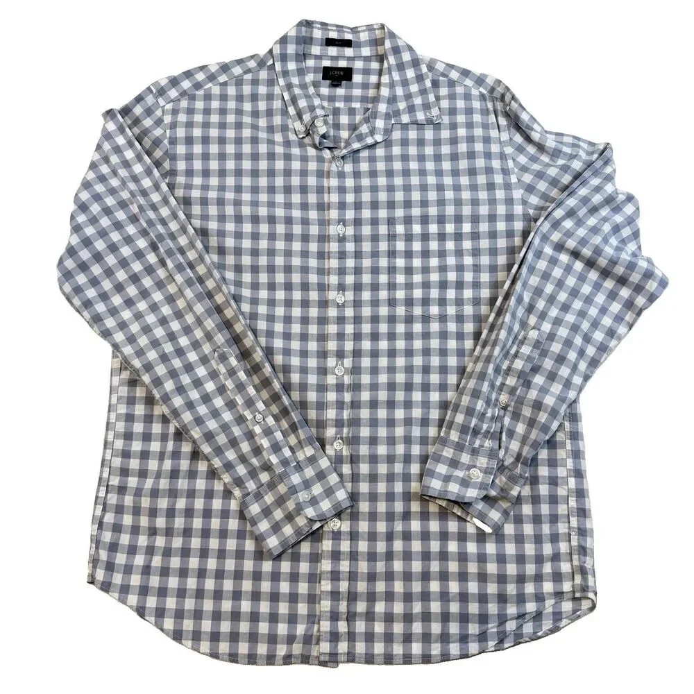 J.Crew Mens Large Slim Fit Blue White Gingham Check Button Down Shirt Cotton