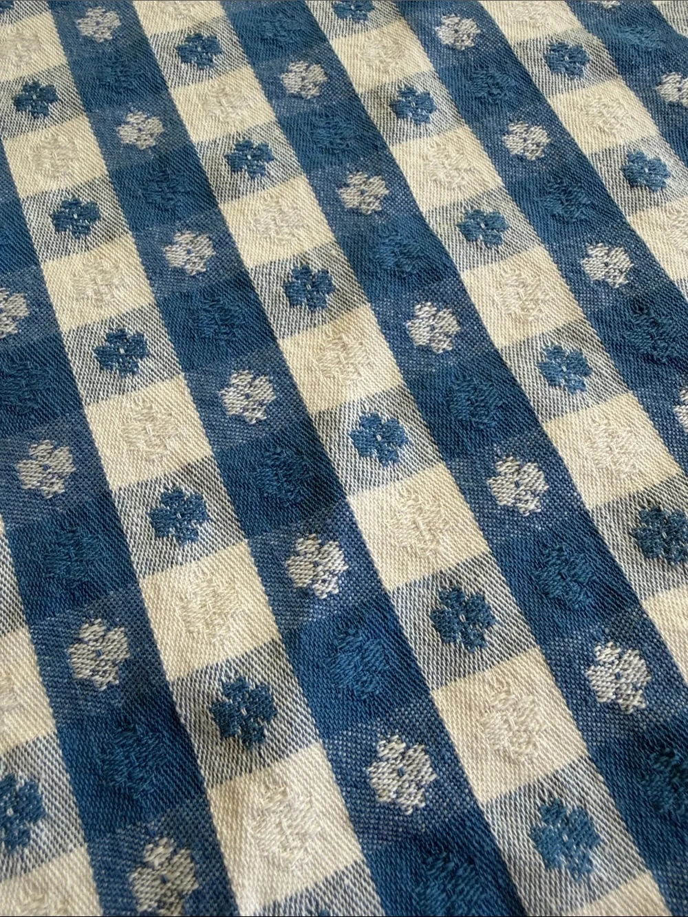 Blue and White Gingham Checkered Round Slightly Oval Linen Tablecloth