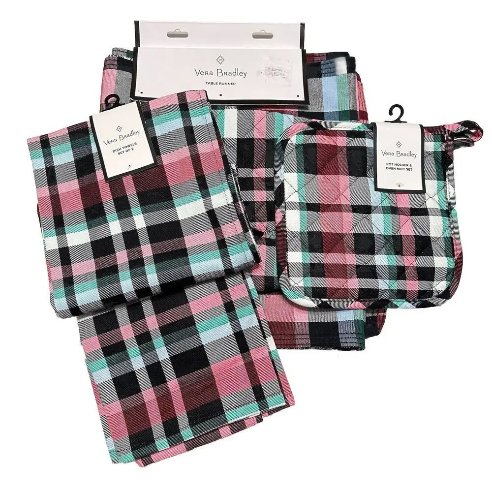 🎀 Vera Bradley Table Runner, Pot Holders & Dishtowel Gift Set Ribbons Plaid NWT