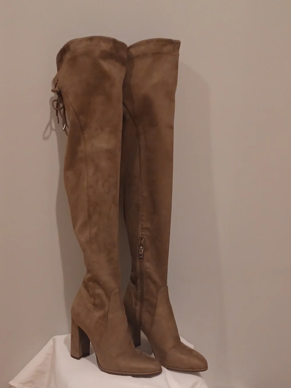 Marc Fisher Over-the-Knee Chunky Heel Boots in Taupe