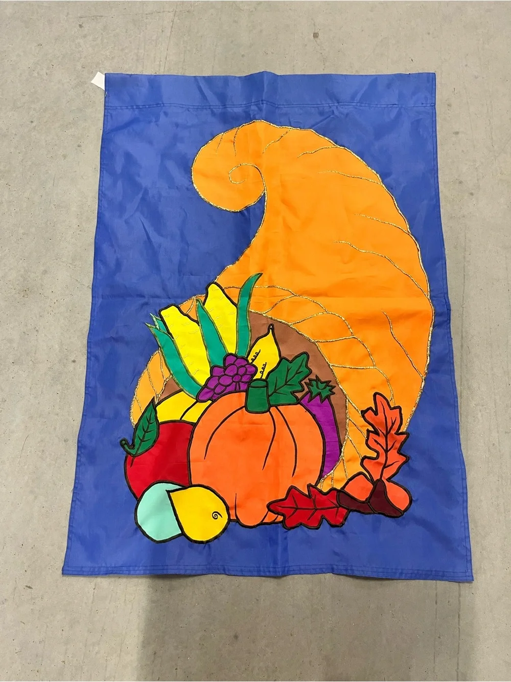 Vintage Fall Cornucopia Garden Flag - Blue and Orange Harvest Design