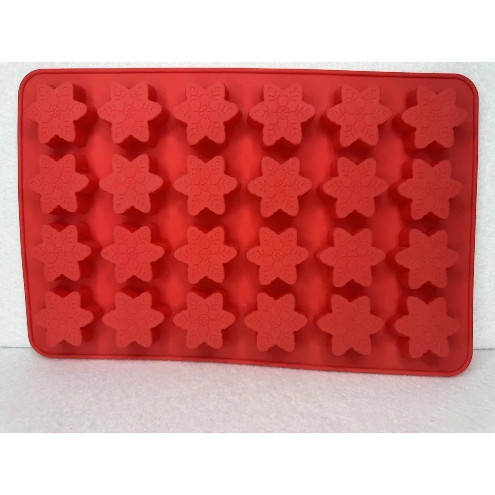 Red Silicone Snowflake Mold 24 Cavity Christmas Candy Chocolate Baking Tray