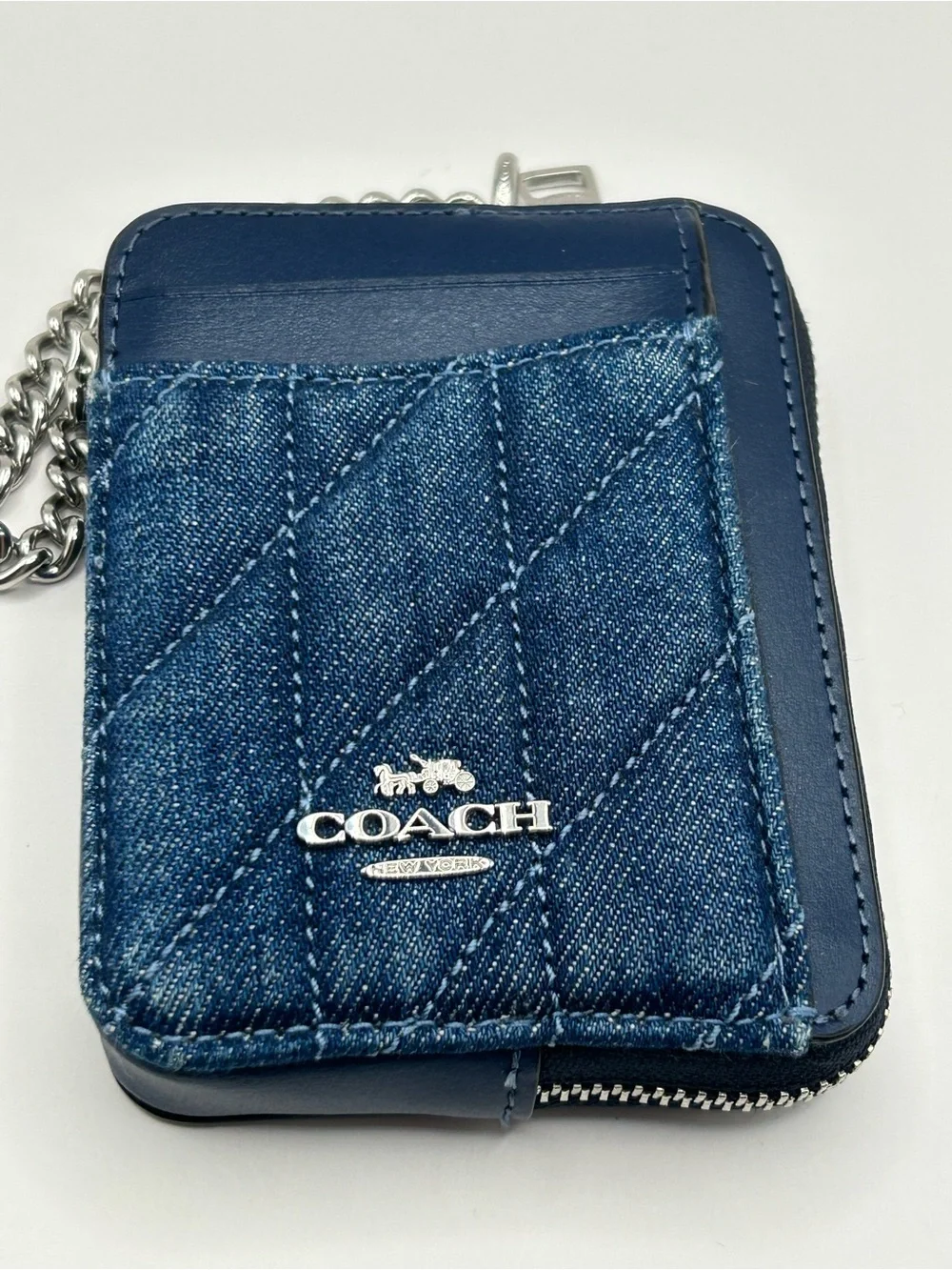 Coach Quilted Denim Card Holder with Silver Chain - Blue