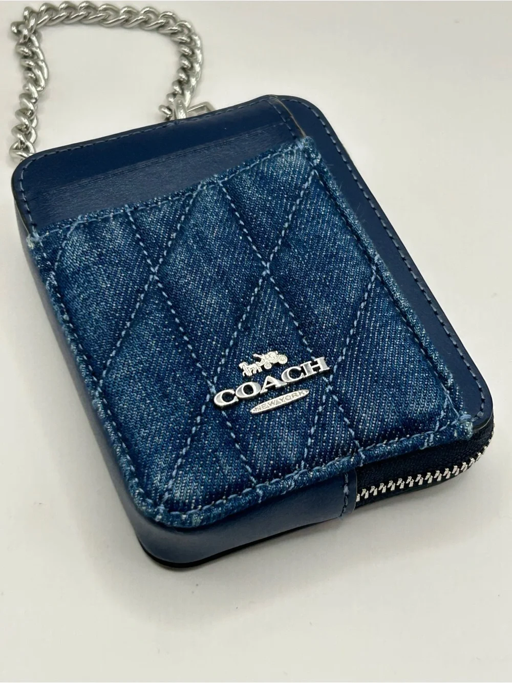 Coach Quilted Denim Card Holder with Silver Chain - Blue