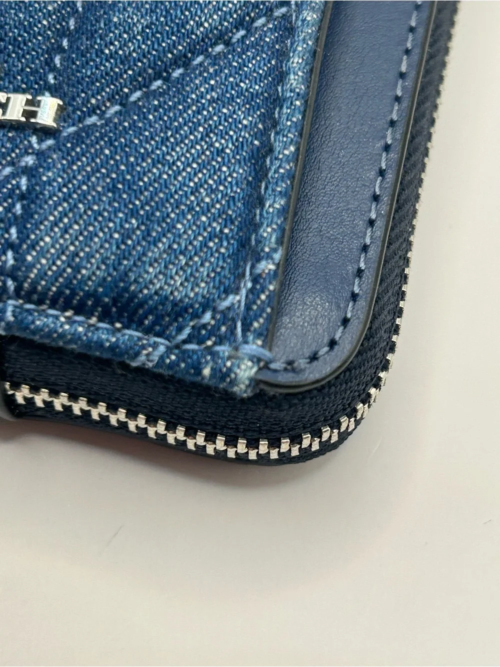 Coach Quilted Denim Card Holder with Silver Chain - Blue