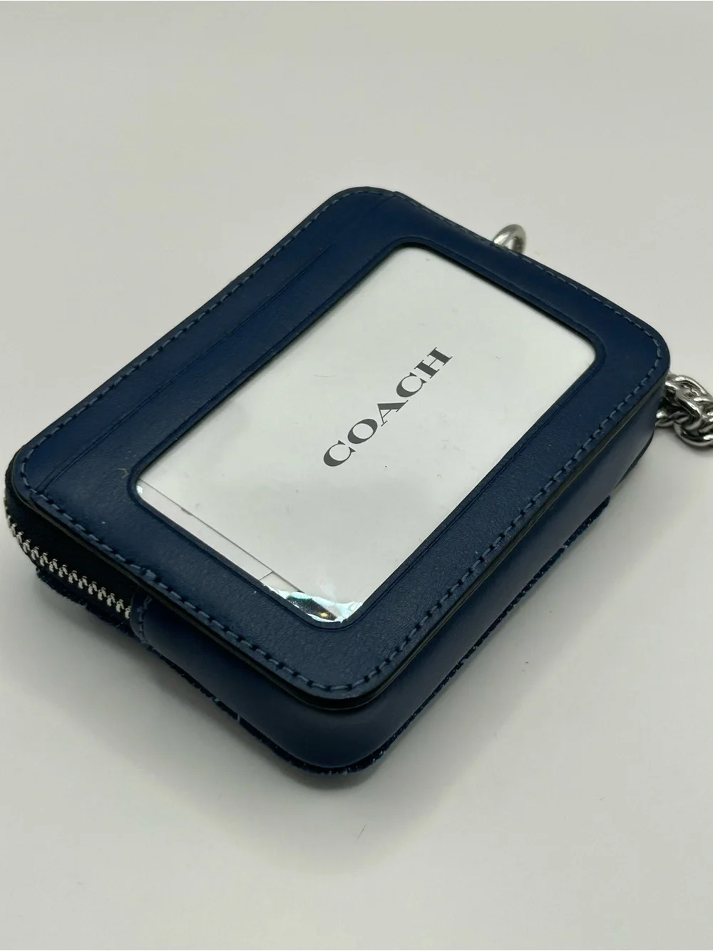 Coach Quilted Denim Card Holder with Silver Chain - Blue