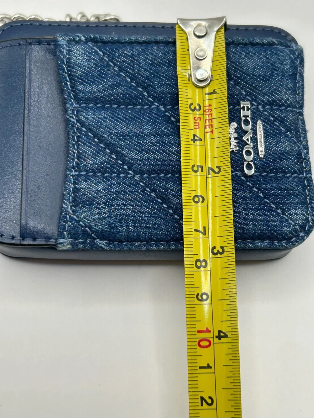 Coach Quilted Denim Card Holder with Silver Chain - Blue