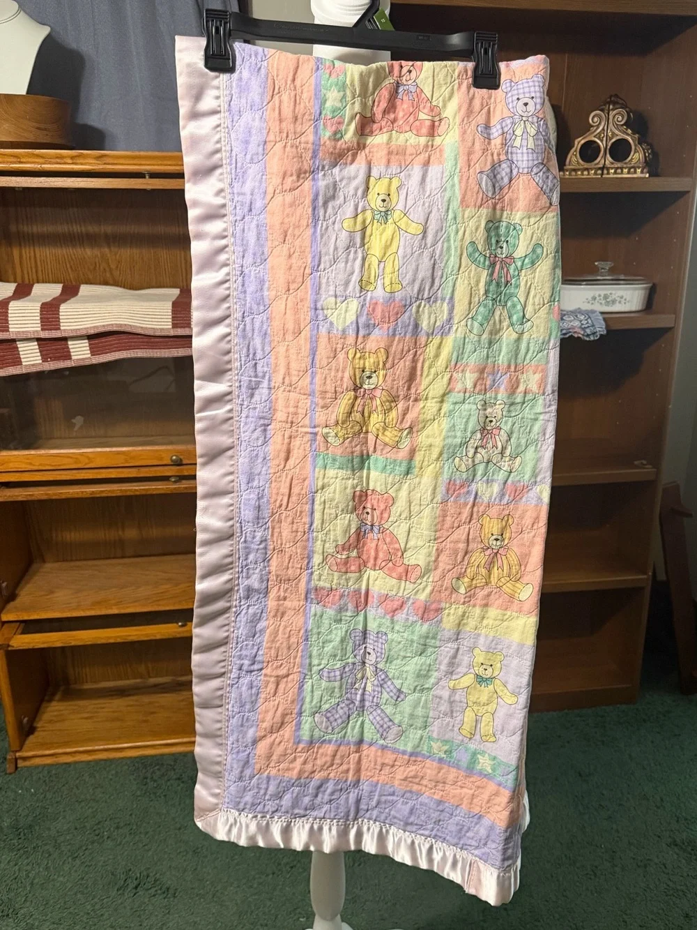Vintage Pastel Teddy Bear Quilted Throw Baby Blanket - Pink, Lavender & Mint
