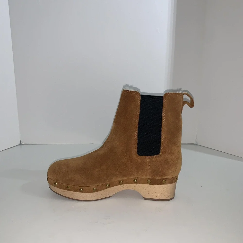 J Crew Ankle Boots Womens Size 9.5 Brown Suede Faux Fur Lined Chelsea Clog BD336