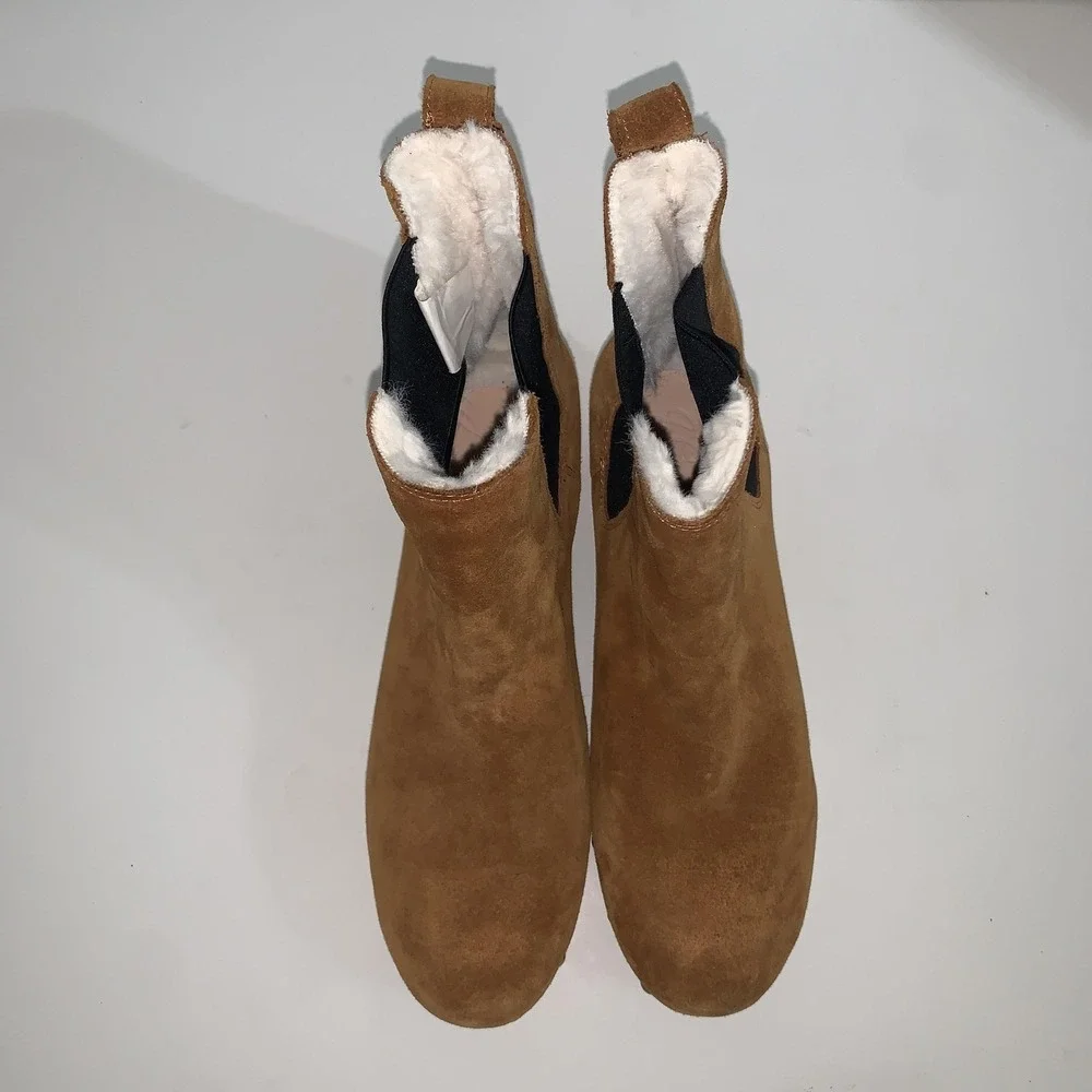 J Crew Ankle Boots Womens Size 9.5 Brown Suede Faux Fur Lined Chelsea Clog BD336