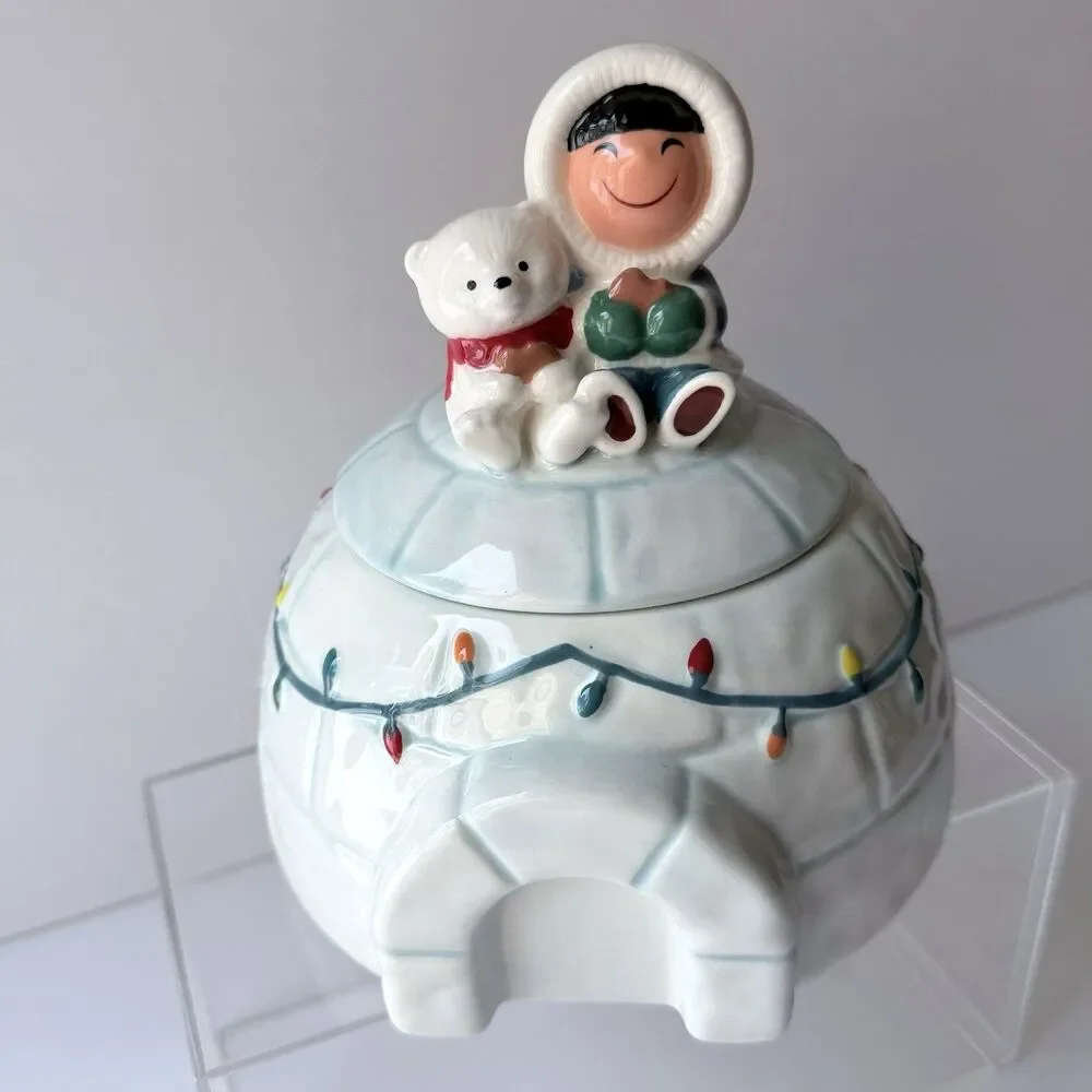 Hallmark Frosty Friends Igloo Ceramic Cookie Jar Retired 2016 Eskimo *READ*
