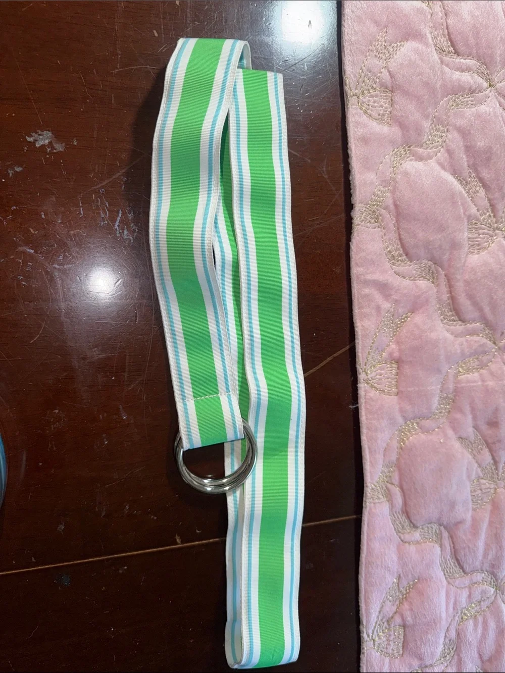 70s style Green and White Striped belt with Metal Rings