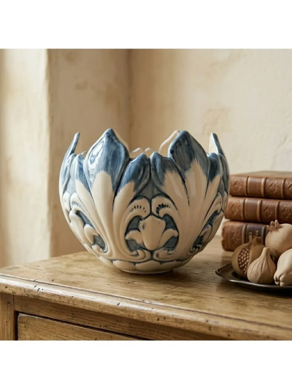Italian Style Blue White Majolica Petal Cachepot Large Floral Centerpiece Bowl