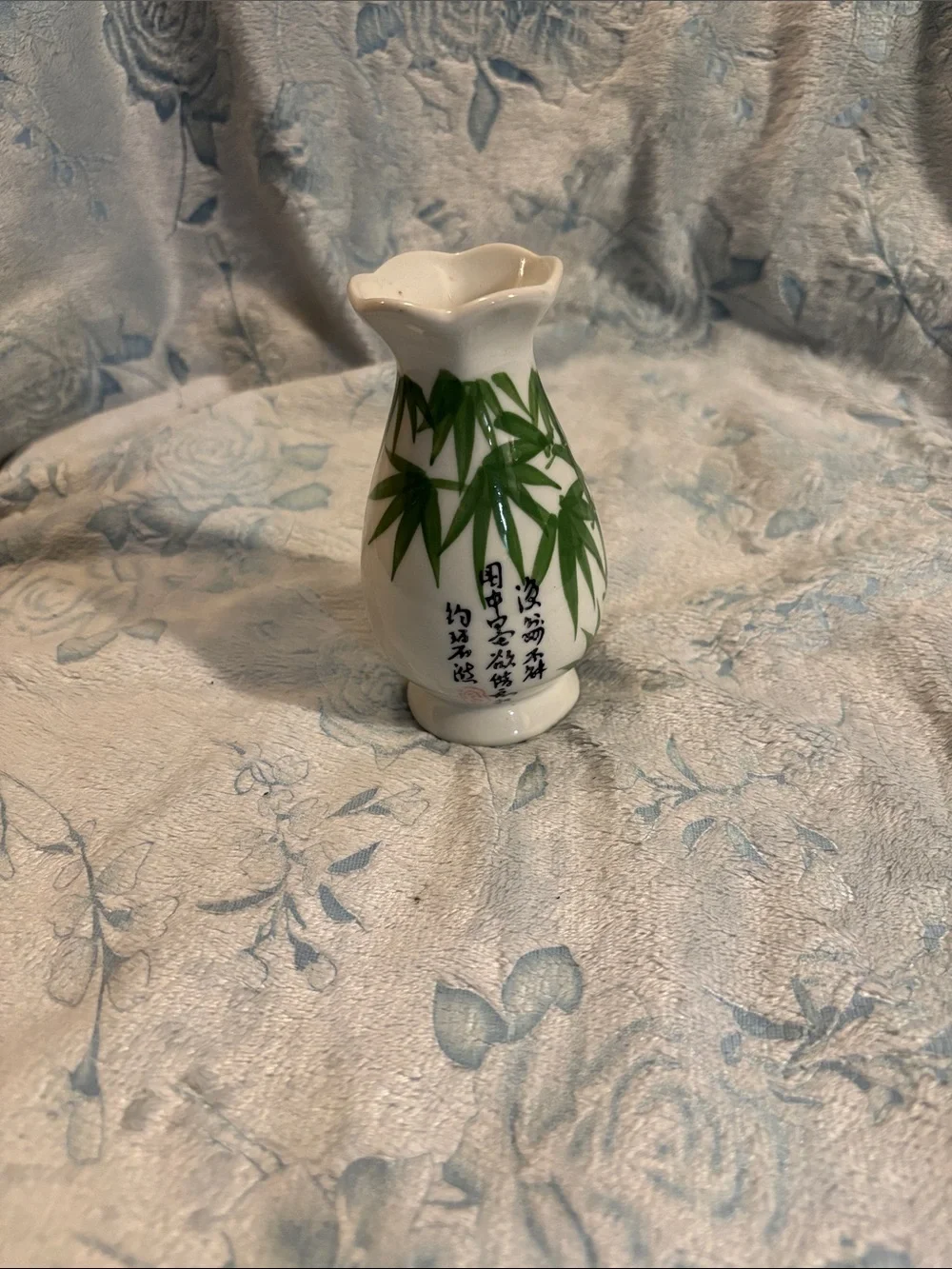 White Ceramic Vase with Green Bamboo Motif