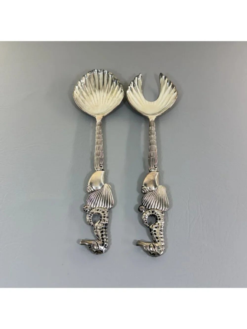 Vintage Godinger Silver Seahorse Shell Salad Serving Set Fork Spoon 11