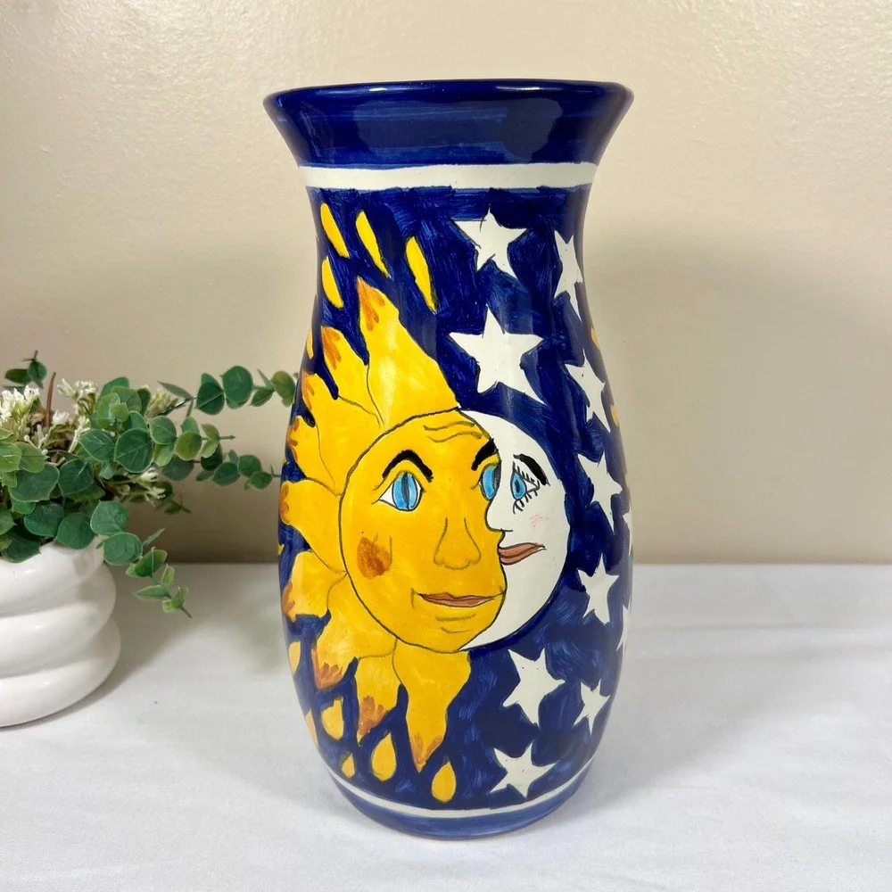 Large Vintage Hand Painted Celestial Star & Moon Potter Vase | T. Ruth Talavera
