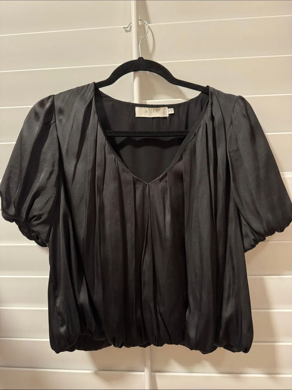 ASTR  The Label Black Satin V-Neck Puff Sleeve Top