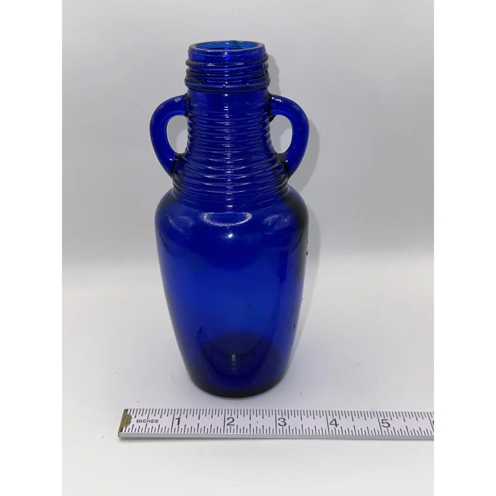 Vintage Cobalt Blue Glass Bottle Double Handle Ribbed Neck Amphora Vase 6.5 inch