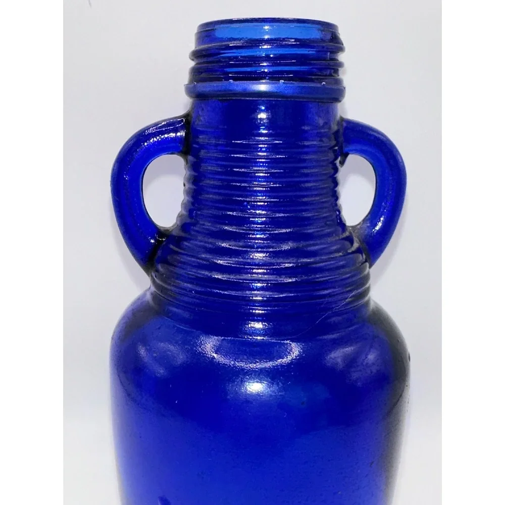 Vintage Cobalt Blue Glass Bottle Double Handle Ribbed Neck Amphora Vase 6.5 inch