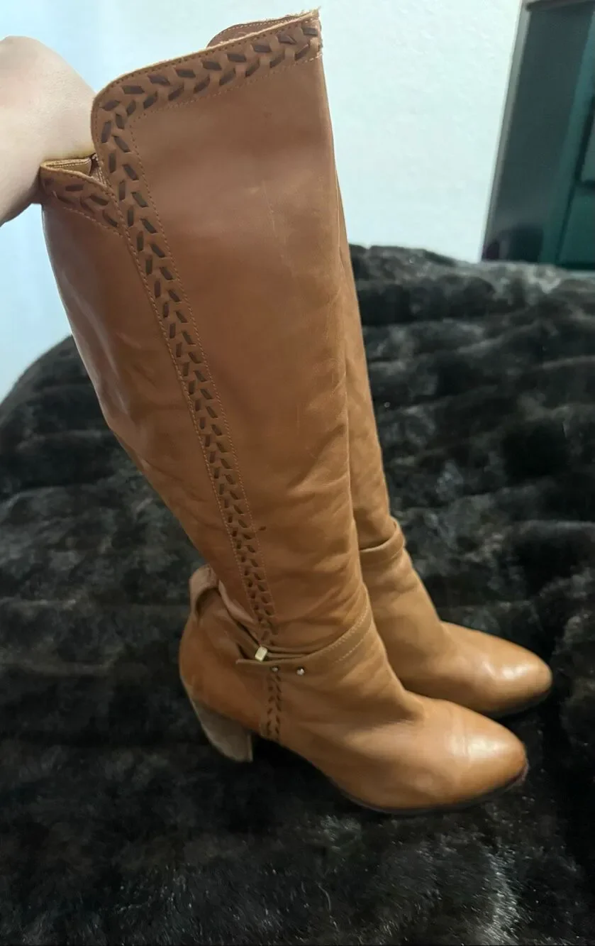 UGG Claudine Brown Leather Knee High Heeled Boots sz 11 equestrian riding