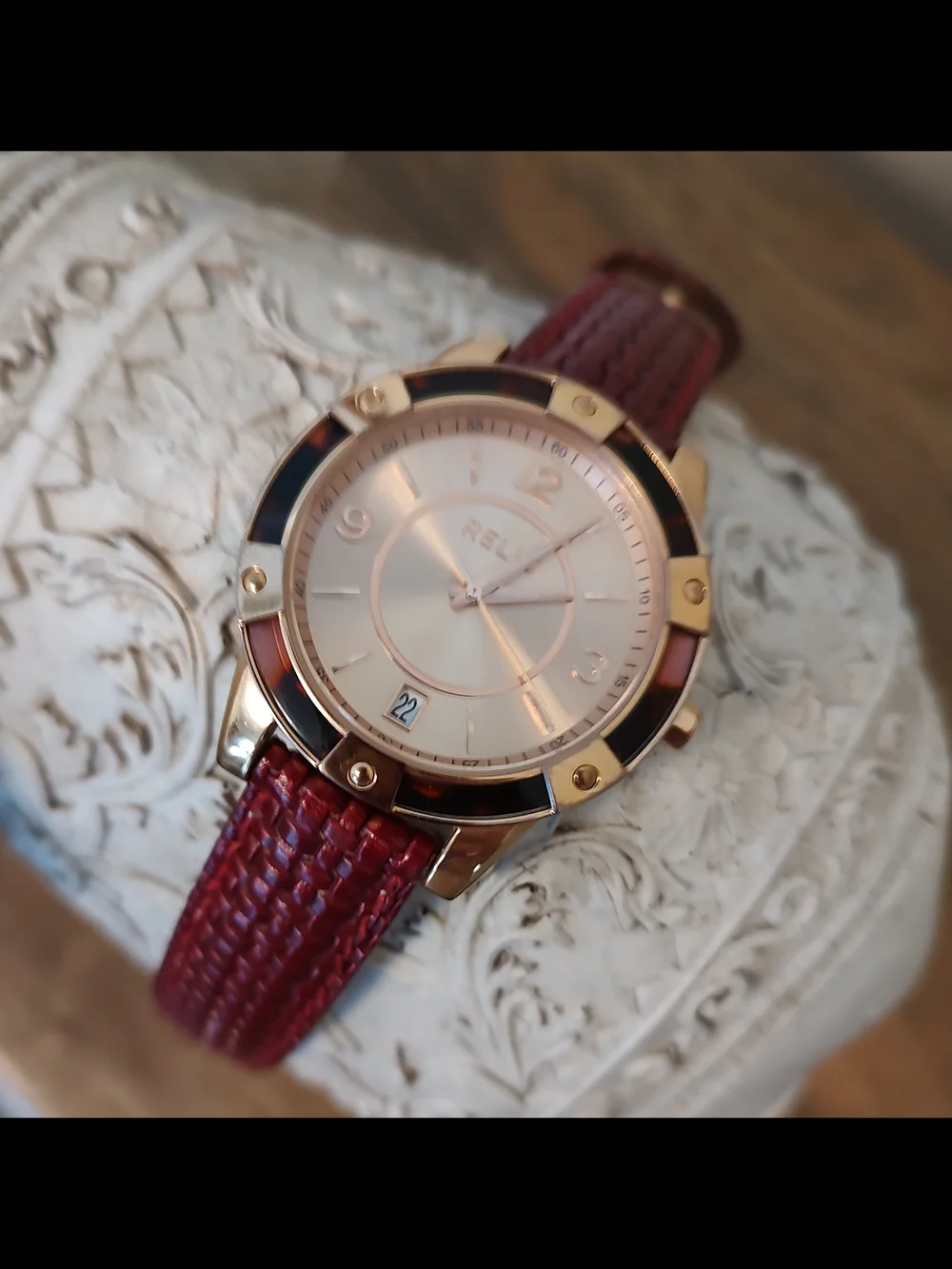 Relic Gold-Tone Watch with Burgundy Strap