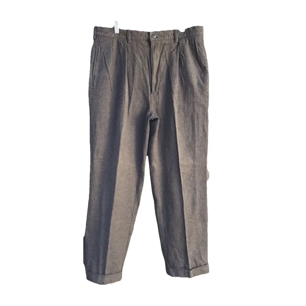 Vintage Polo Ralph Lauren Brown Herringbone Pleated Wool Pants Men's 34x29