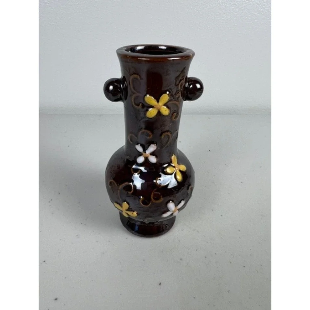 Vintage Made in Occupied Japan Miniature Bud Vase Brown‎ Moriage Floral 4 Inch