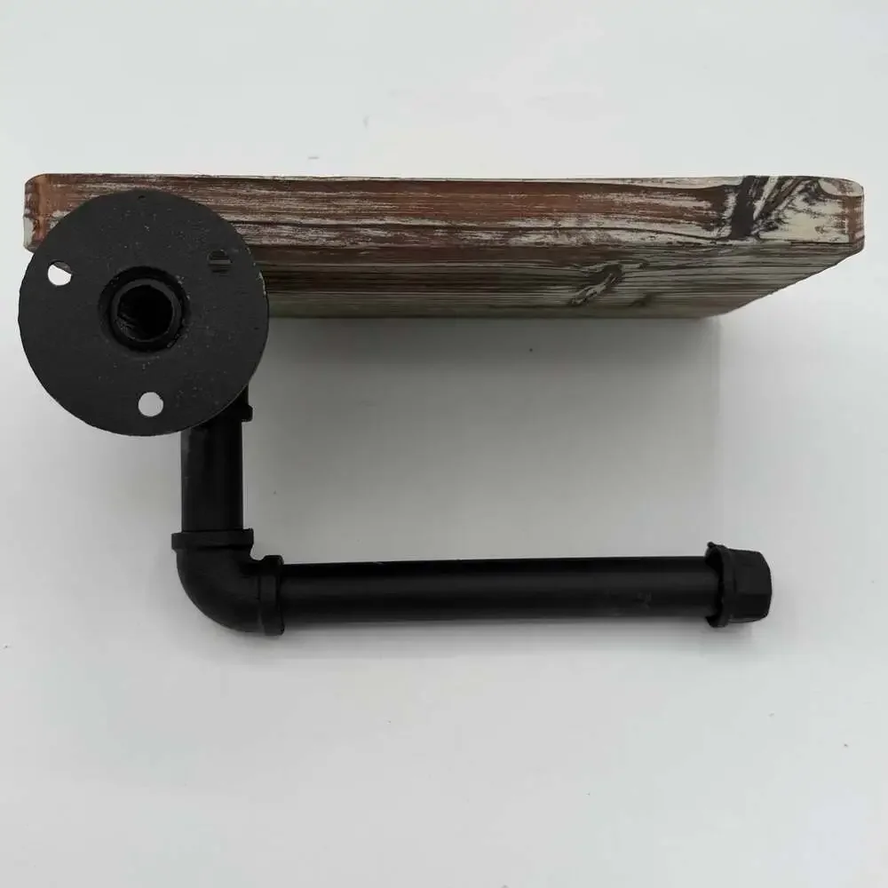 industrial-style wall-mounted toilet paper holder with a rustic wood top shelf