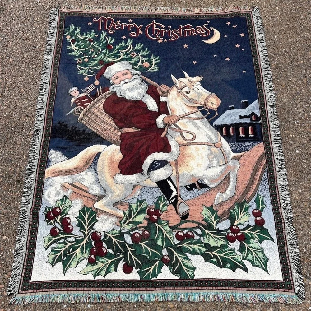 Vintage Santa Claus Merry Christmas Holiday Woven‎ Fringe Tapestry Blanket