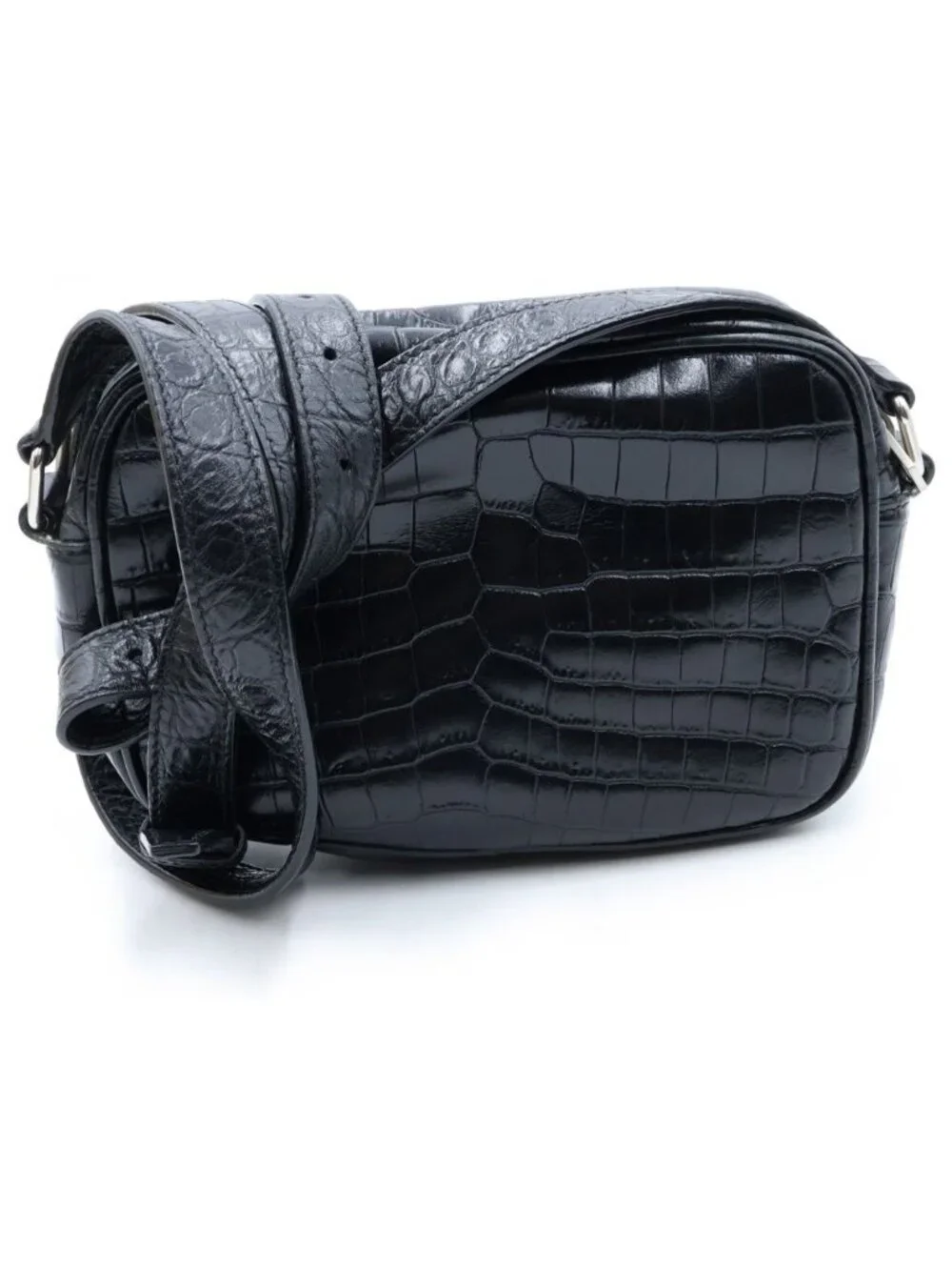 Saint Laurent Paris Camp Small Camera Shoulder Bag Leather Croco Embossed Black