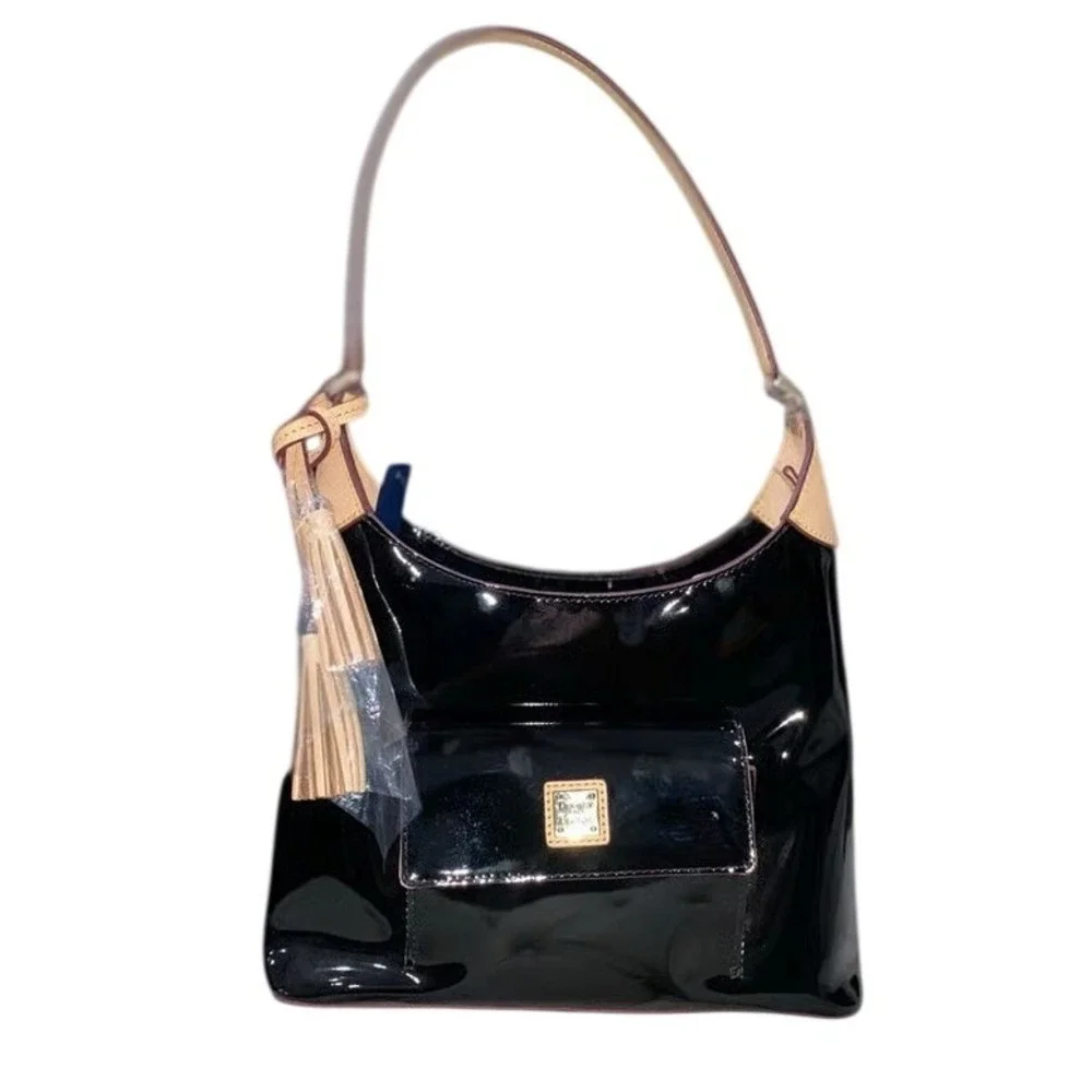 NWT Dooney & Bourke Black Patent Leather Hobo Style Bag Tan Trim Gold‎ Hardware