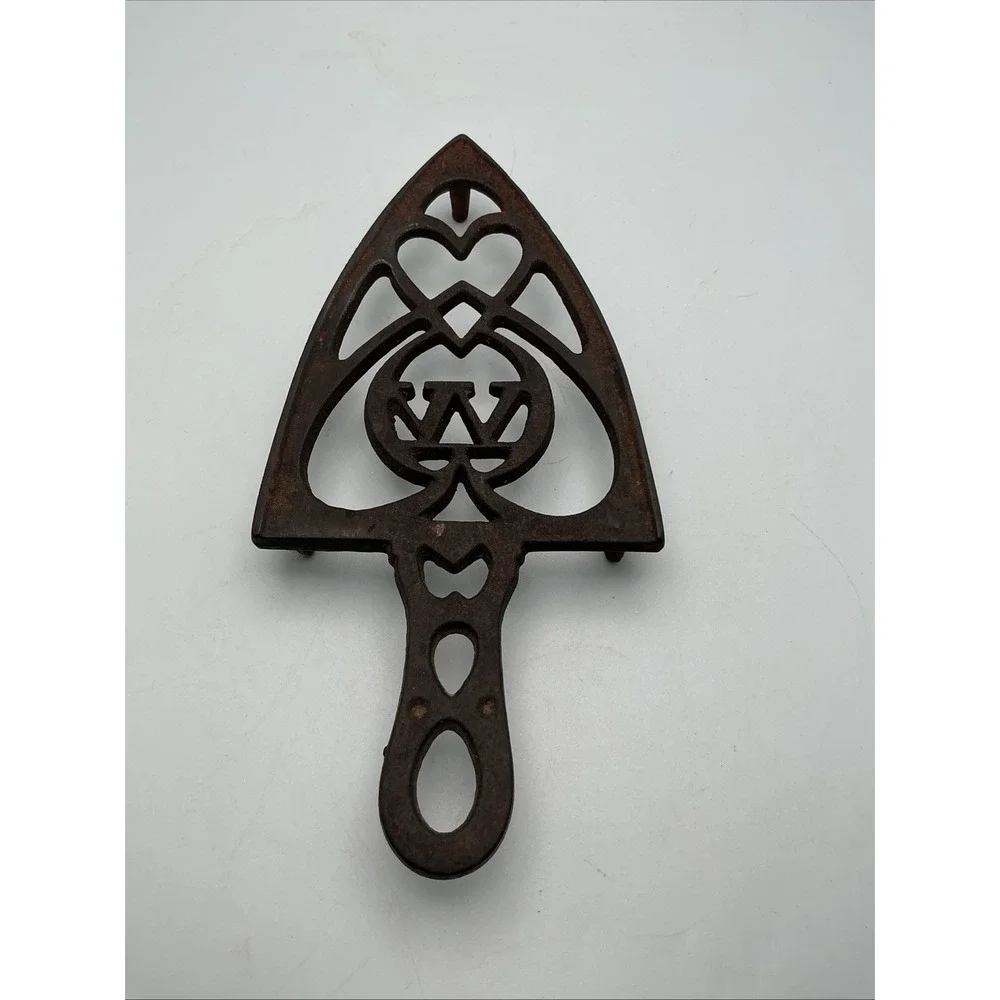 Antique Tripod Cast Iron Trivet, Hearts and Letter 