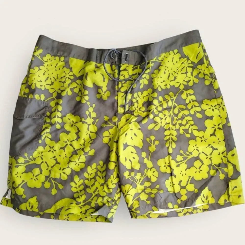 J‎ Crew Mens Swim Trunks Sz 38 Green Grey Hawaiian Swimsuit Drawstring Sport