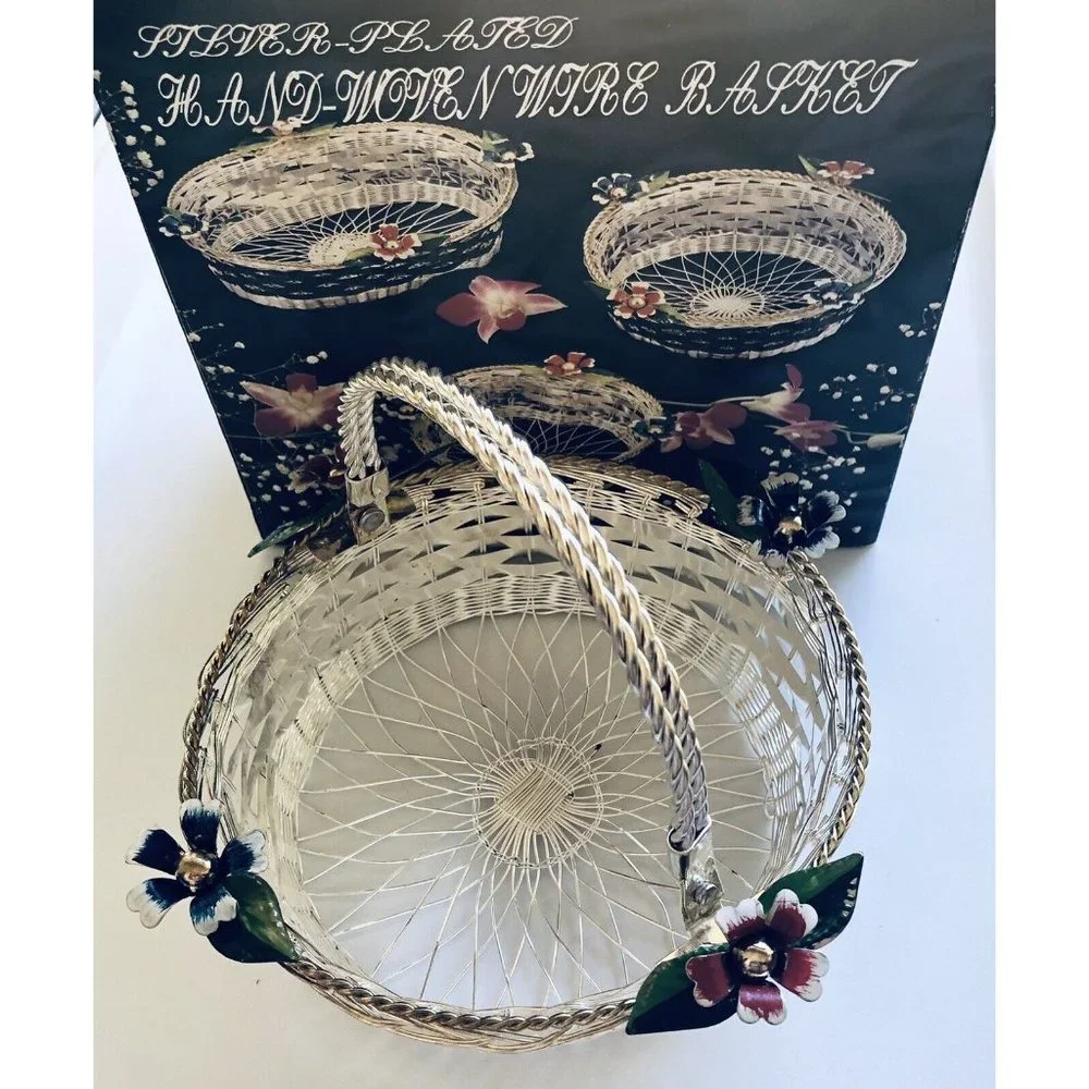 Vintage Hand Woven Wire Basket Silver Plated Pretty‎ Flowers Gift- NIB
