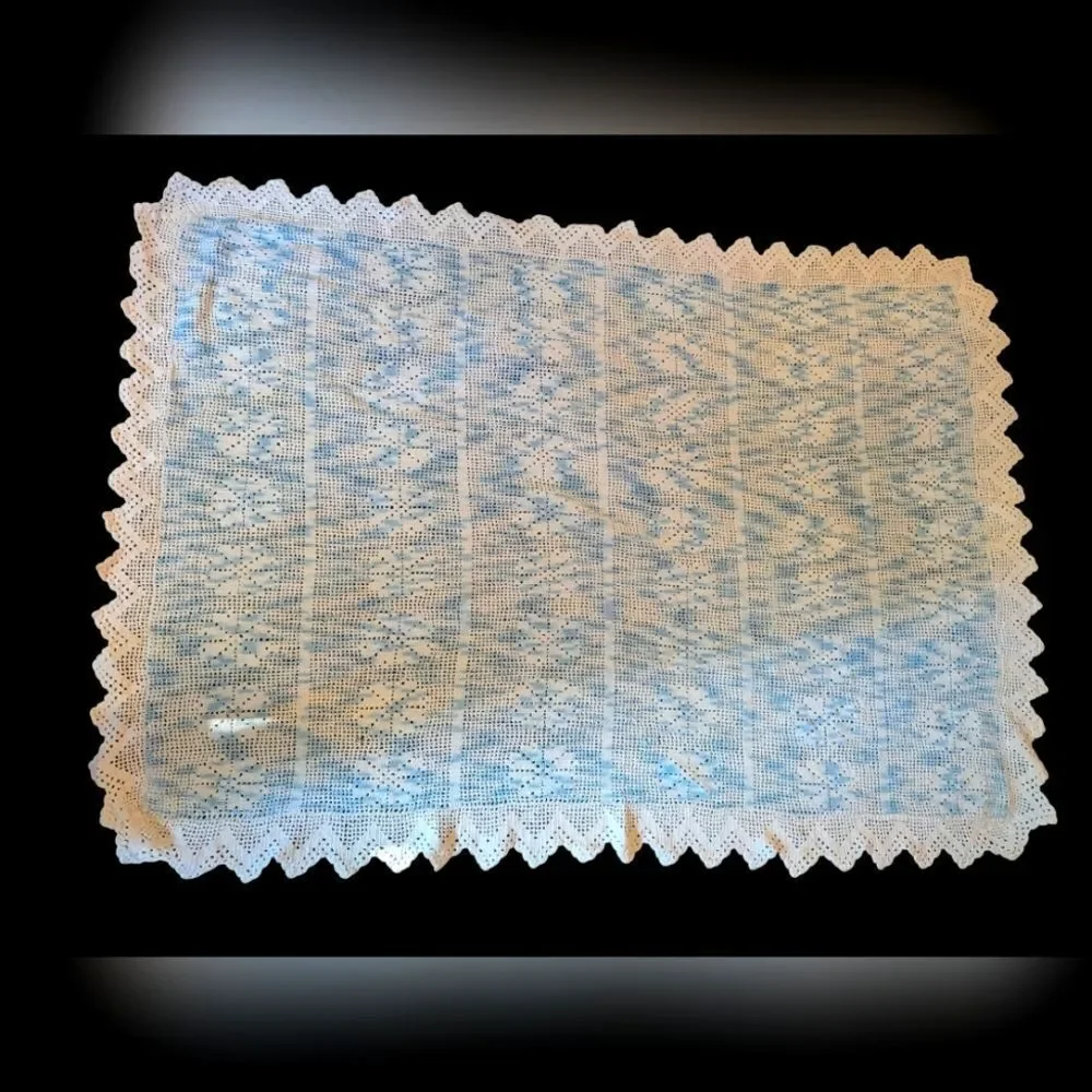 Vintage hand‎ crochet blue and white floral blanket