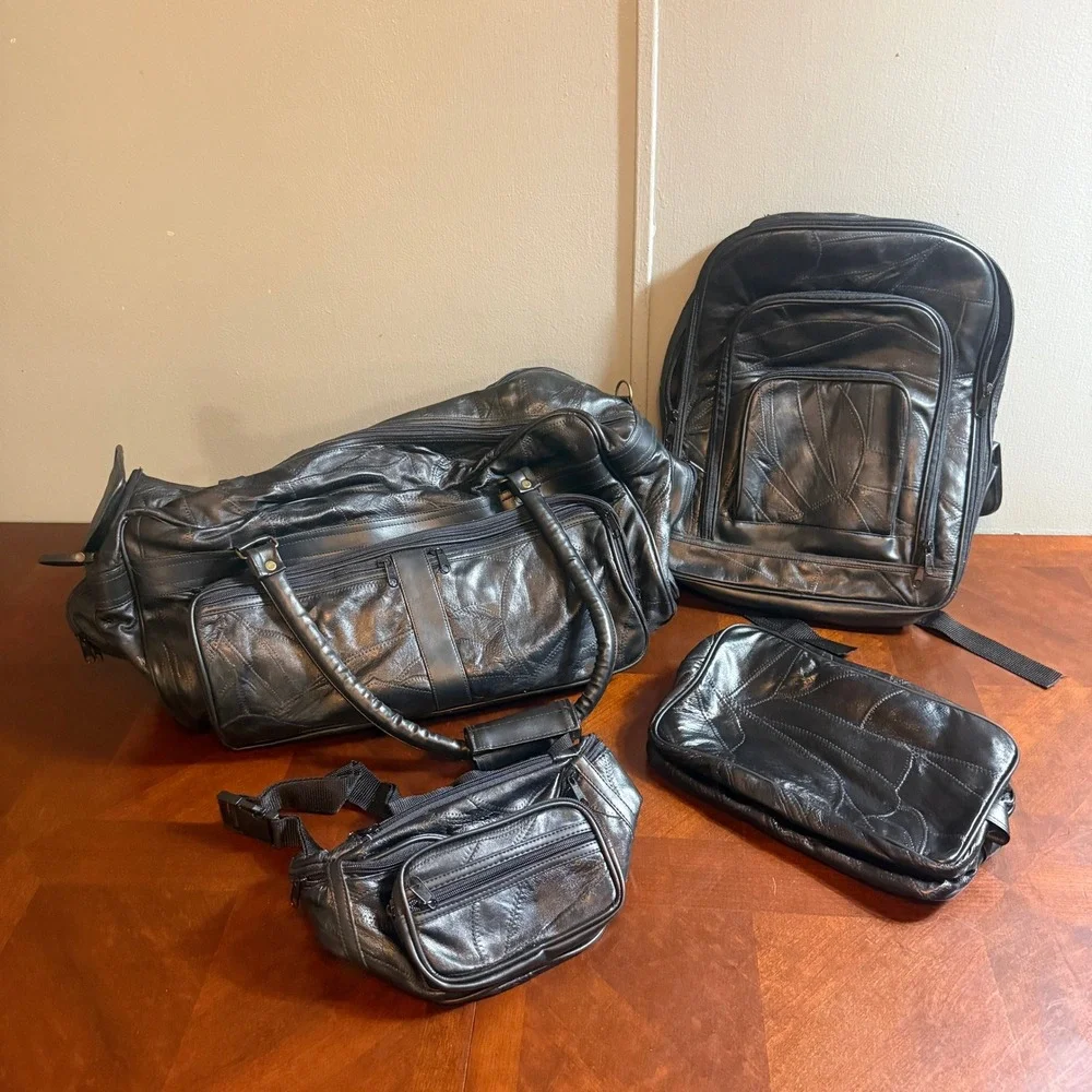 Black Patchwork‎ Genuine Leather 4 Piece Travel Set Duffel Backpack Fanny Pack