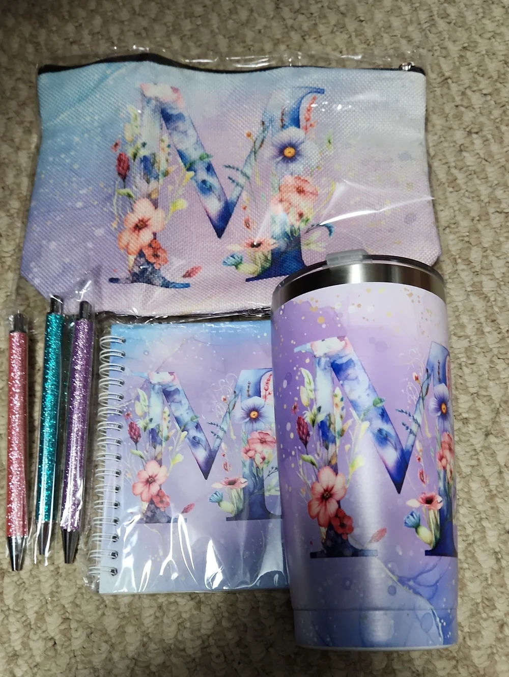 Floral Monogram 'M' Home Office Set - Lavender