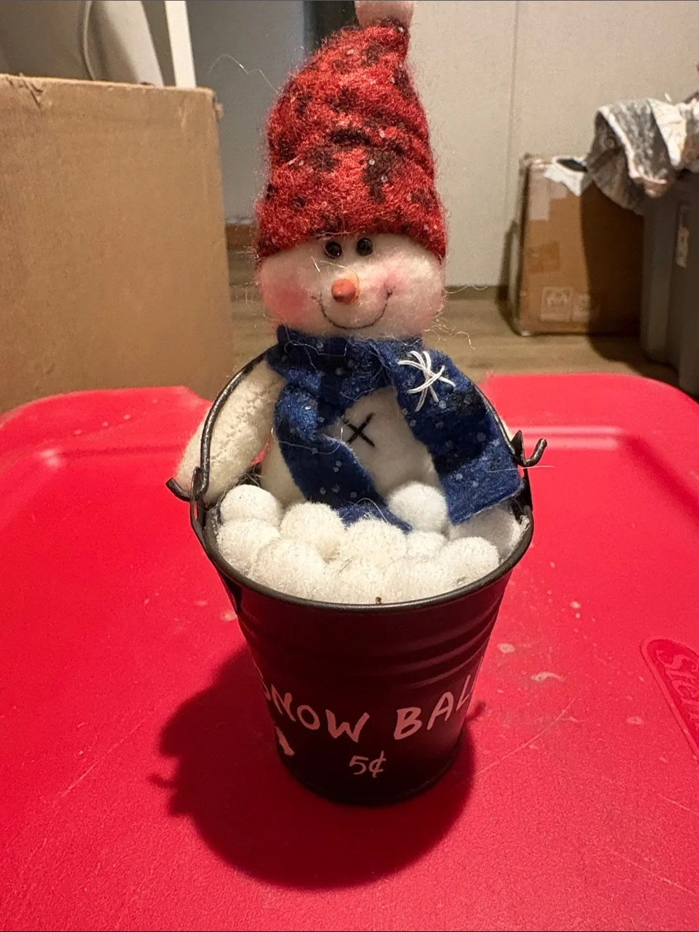 Festive Red Snowman Bucket Decoration with Blue Scarf