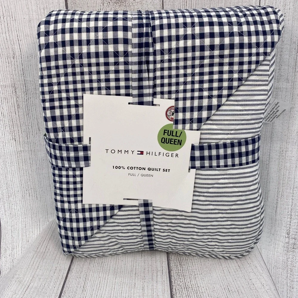 Tommy Hilfiger Quilt Set Full Queen Blue Modern Check Gingham Preppy Reversible