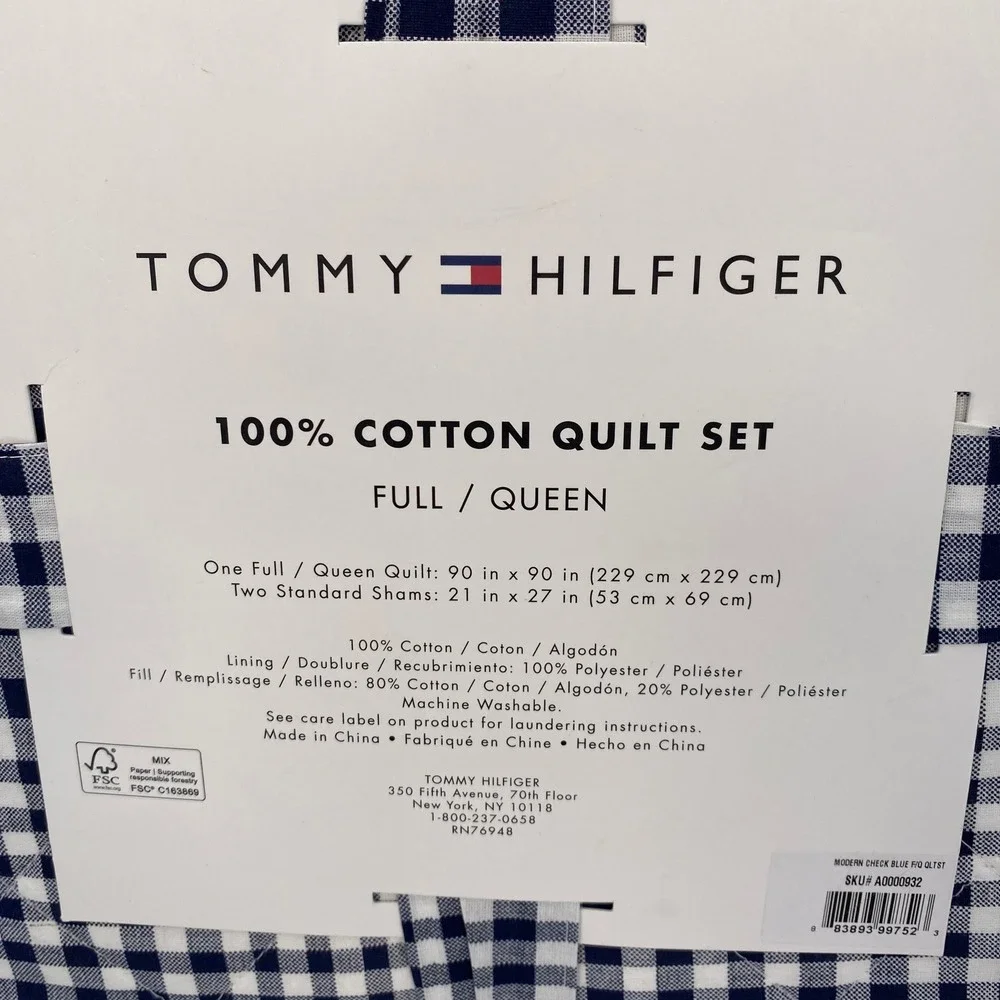 Tommy Hilfiger Quilt Set Full Queen Blue Modern Check Gingham Preppy Reversible