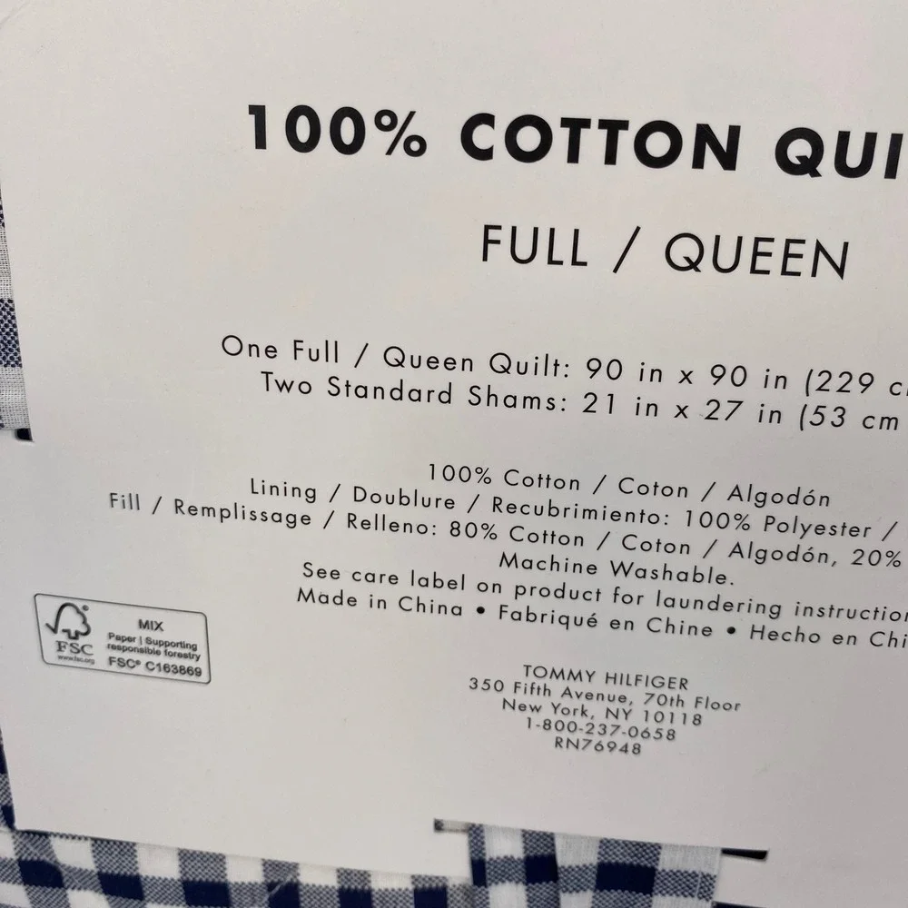 Tommy Hilfiger Quilt Set Full Queen Blue Modern Check Gingham Preppy Reversible