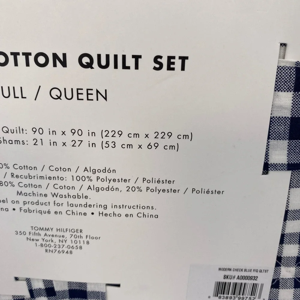 Tommy Hilfiger Quilt Set Full Queen Blue Modern Check Gingham Preppy Reversible